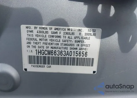 2003 Honda Accord 3.0 Lx из США, поврежденный, VIN 1HGCM66363A015656